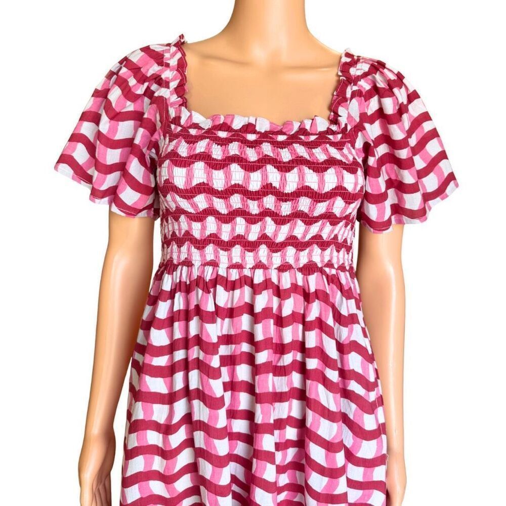 Nwt Ophelia & Indigo Delilah Pink Zigzag Smocked Tiered Cotton Mini Dress Xs — image 5 of 8